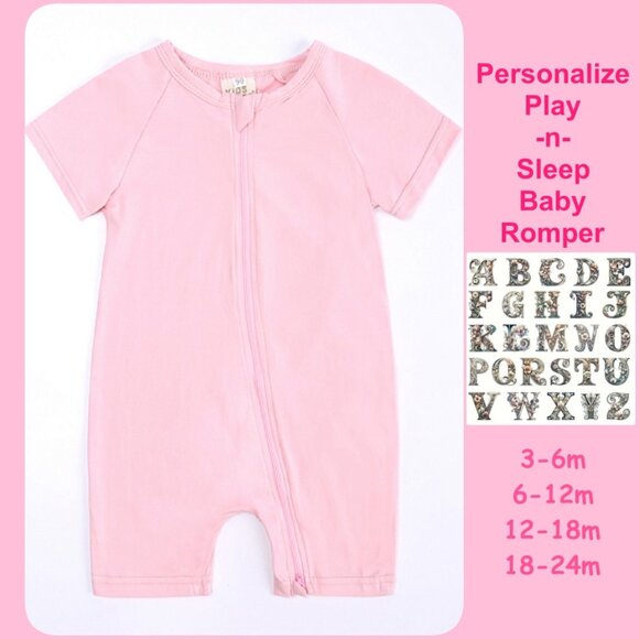 *MONOGRAM*BABY ROMPER-Sleeper *NWT* Short Sleeve Short Double Zipper Cotton Pink - Picture 1 of 16